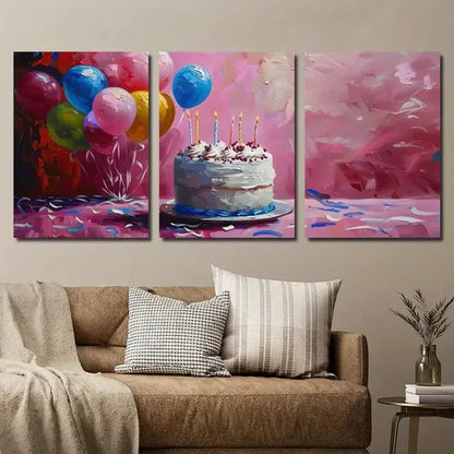 3pcs Birthday Cake and Balloon Wall Art Set Canvas Unframed - High Quality Print 100% Australian Made Wall Canvas