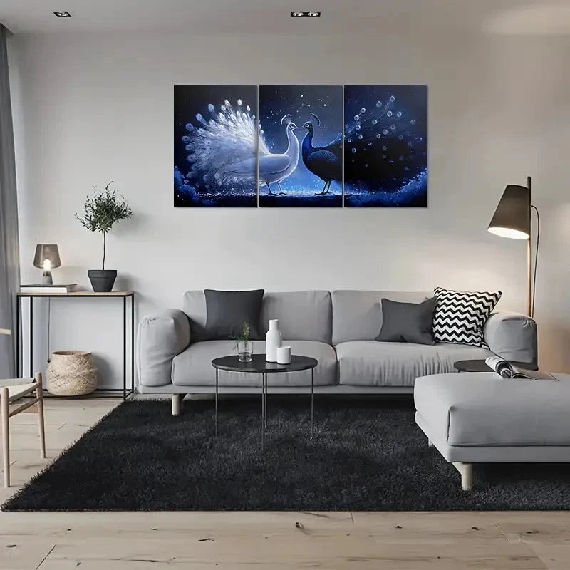 3pcs Abstract Painting Blue PeaRooster Metal Print Ready to Hang Art