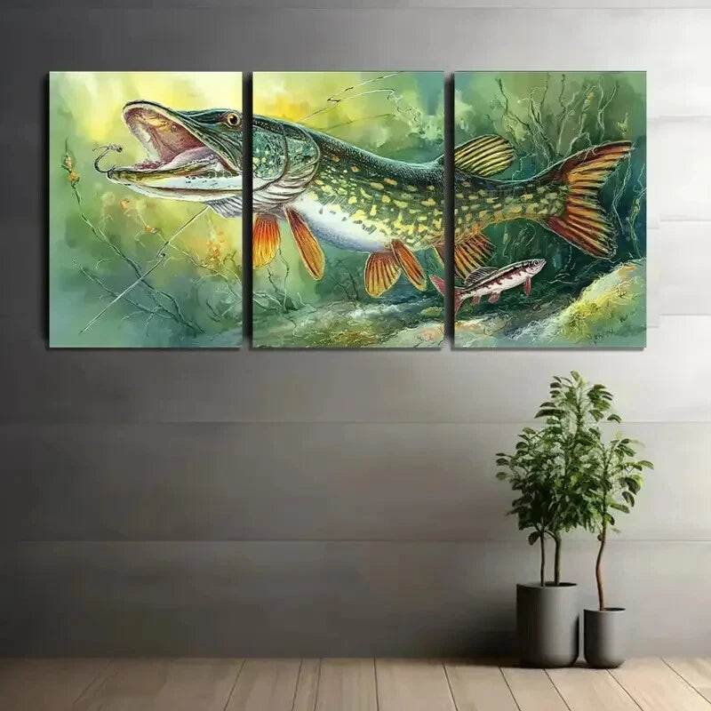 3pcs Rustic Pike Fishing Scene Metal Print Ready to Hang Art