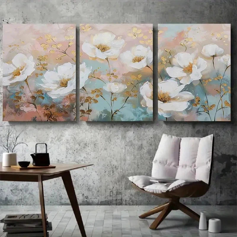 3pcs Elegant White Poppy Flower Golden Accents Metal Print Ready to Hang Art