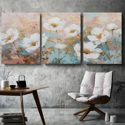 3pcs Elegant White Poppy Flower Golden Accents Metal Print Ready to Hang Art