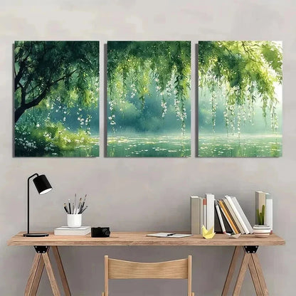 3pcs Serene Willow Tree & White Flower Landscape Wall Art Set Canvas Framed 40x60cm - High Quality Print 100% Australian Made Wall Canvas Ready to Hang