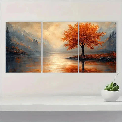 3pcs Tree River Painting Soft Beige, Orange Wall Art Canvas Unframed - High Quality Print 100% Australian Made Wall Canvas