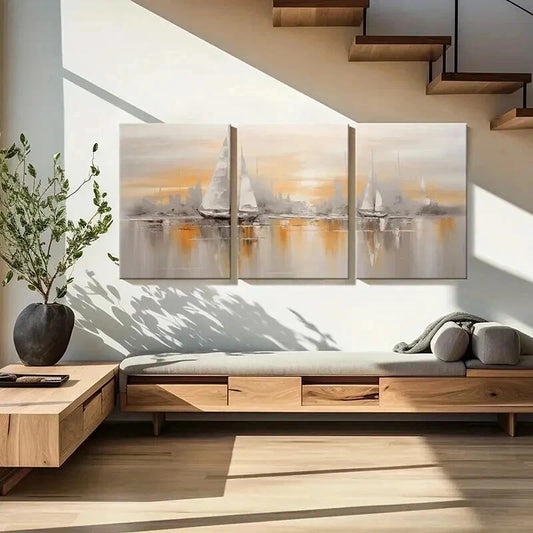 3pcs Abstract Golden Hour Sailing Ships Wall Art Set Canvas Framed 40x60cm - High Quality Print 100% Australian Made Wall Canvas Ready to Hang