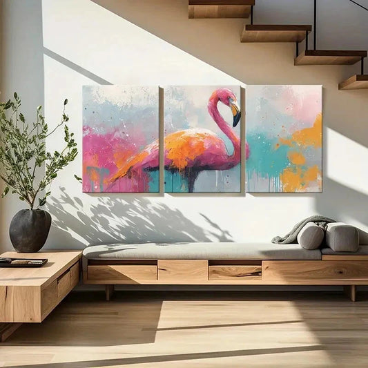 3pcs Set of Vibrant Abstract Flamingo Metal Print Ready to Hang Art