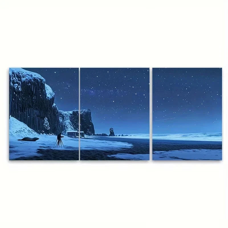 3pcs Black Sand Under Aurora Borealis Wall Art Set Canvas Framed 50x70cm - High Quality Print 100% Australian Made Wall Canvas Ready to Hang