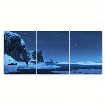 3pcs Black Sand Under Aurora Borealis Wall Art Set Canvas Framed 50x70cm - High Quality Print 100% Australian Made Wall Canvas Ready to Hang