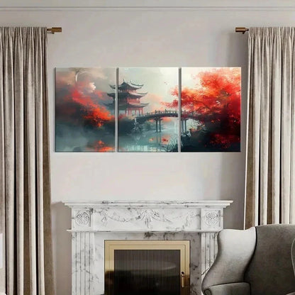 3pcs Chinese Ancient Style Painting Tower Bridge Wall Art Set Canvas Framed 40x60cm - High Quality Print 100% Australian Made Wall Canvas Ready to Hang