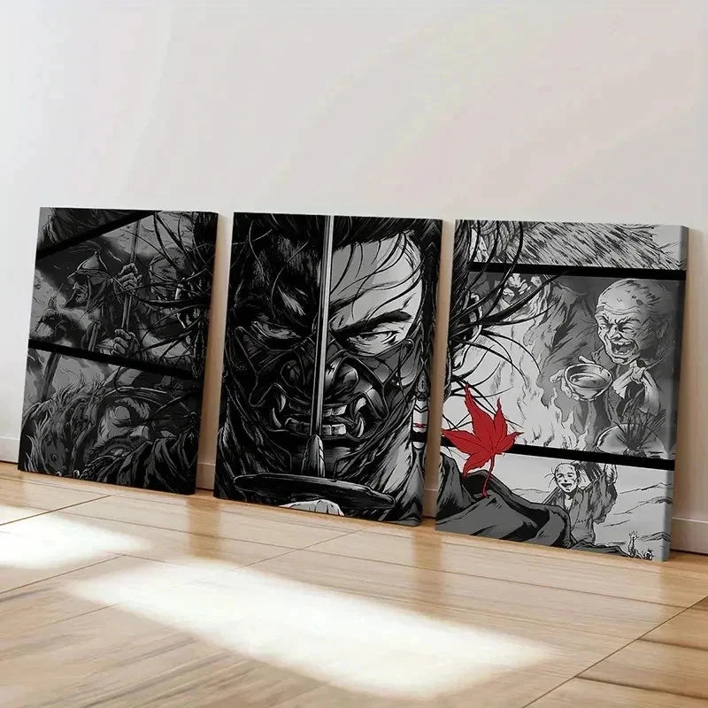 3pcs Anime-Inspired Samurai Decoration Wall Art Set Canvas Framed 40x60cm - High Quality Print 100% Australian Made Wall Canvas Ready to Hang