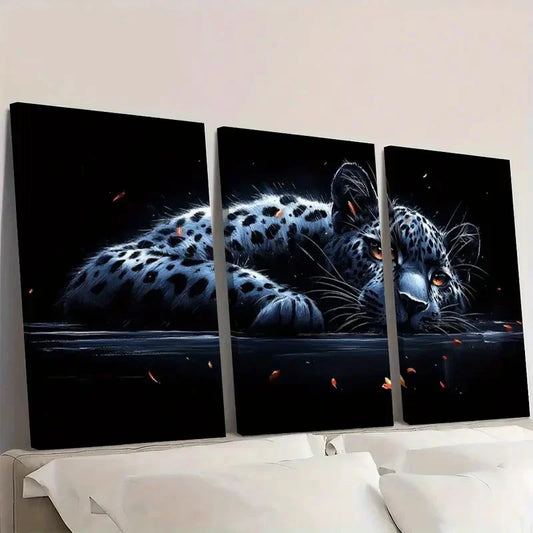 3pcs Black White Lying Leopard Animal Wall Art Set Canvas Framed 60x90cm - High Quality Print 100% Australian Made Wall Canvas Ready to Hang