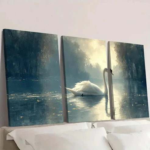 3pcs Vintage Swan Serene Nature DF Wall Art Set Canvas Unframed - High Quality Print 100% Australian Made Wall Canvas