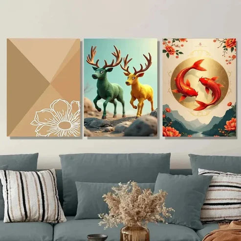 3pcs Chic Traditional Deer & Koi Fish Nature Wall Art Set Canvas Unframed - High Quality Print 100% Australian Made Wall Canvas