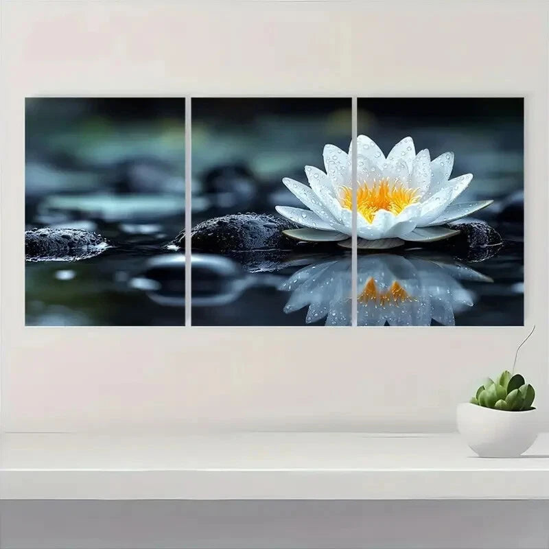 3pcs Black Stones & White for Lotus Metal Print Ready to Hang Art