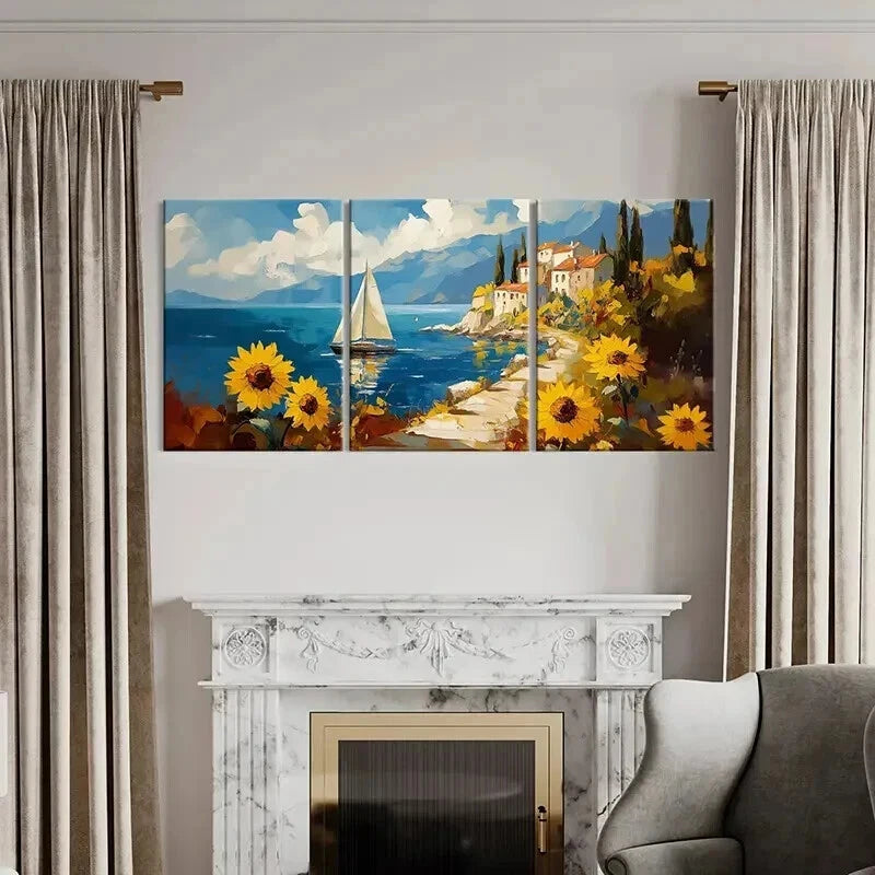 3pcs Island Scenery Sailing Boat Sunflowers Wall Art Set Canvas Framed 40x60cm - High Quality Print 100% Australian Made Wall Canvas Ready to Hang