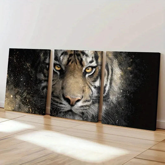 3pcs Tiger Golden Eyes & Abstract Splatter Art Wall Art Set Canvas Framed 60x90cm - High Quality Print 100% Australian Made Wall Canvas Ready to Hang