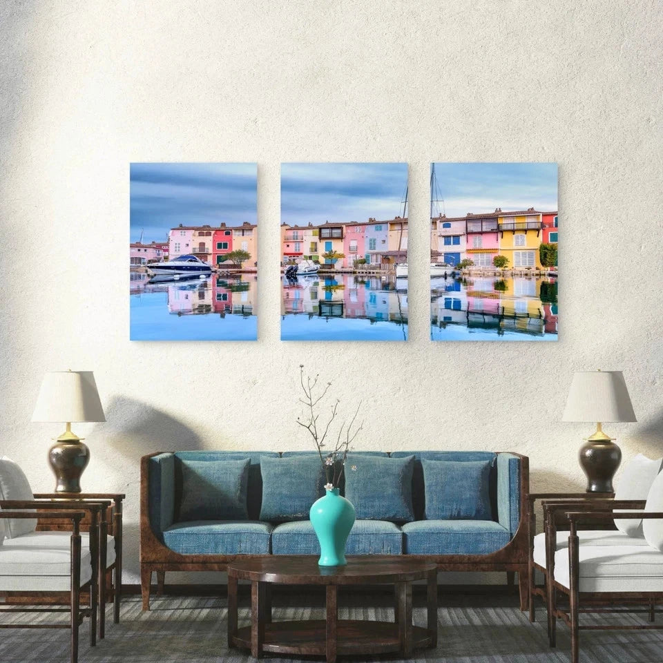 3pcs Harbor Reflections In Port Grimaud Wall Art Set Canvas Framed 60x90cm - High Quality Print 100% Australian Made Wall Canvas Ready to Hang