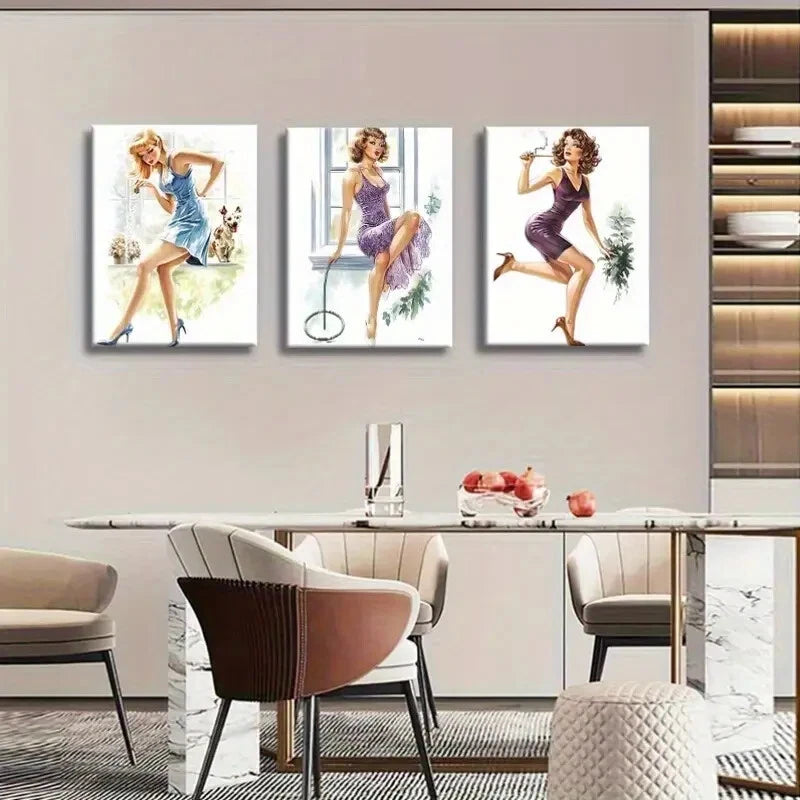 3pcs Vintage Pin-Up Girl Retro Glamorous Perfect Wall Art Set Canvas Framed 40x60cm - High Quality Print 100% Australian Made Wall Canvas Ready to Hang