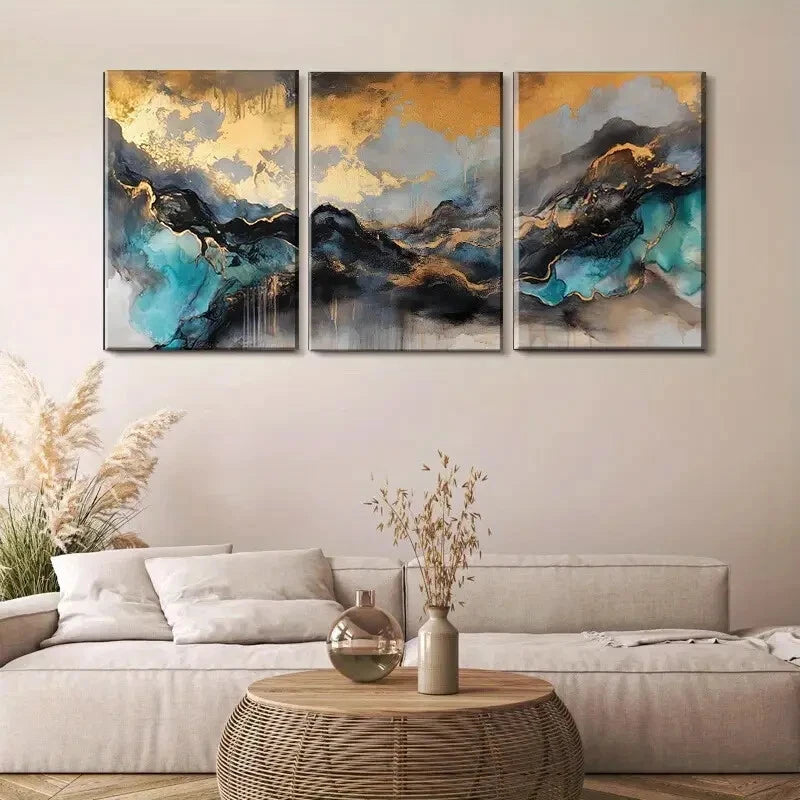 3pcs Abstract Golden & Teal Mountain Metal Print Ready to Hang Art