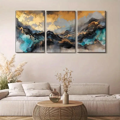 3pcs Abstract Golden & Teal Mountain Metal Print Ready to Hang Art