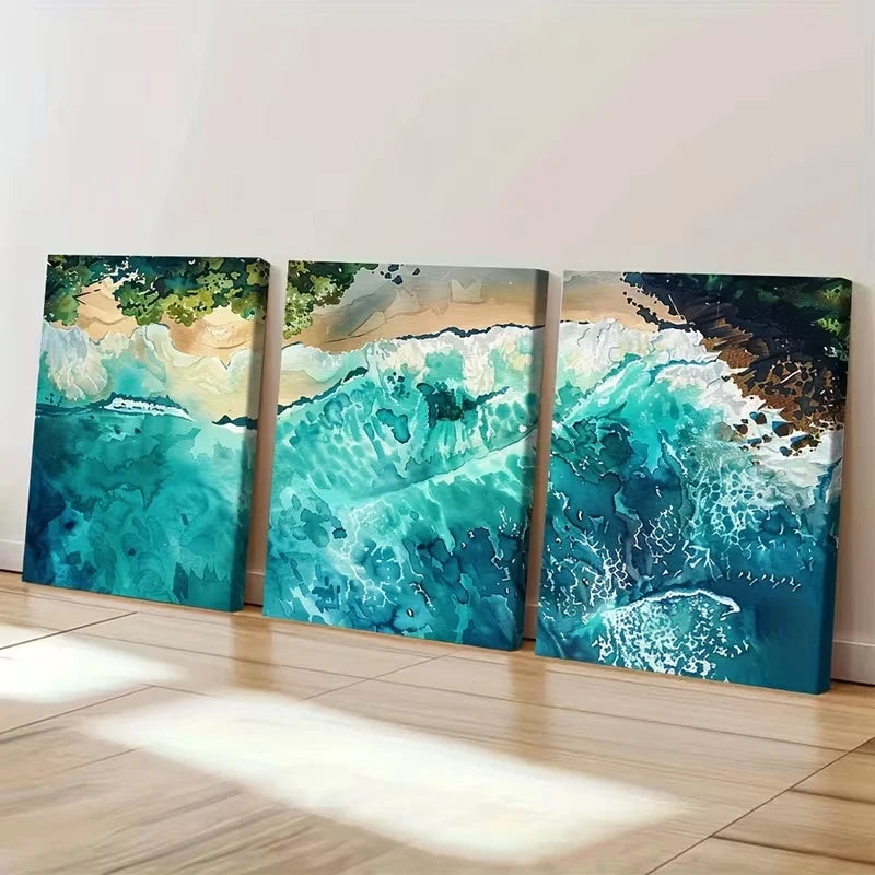 3pcs Tranquil Beach with Turquoise Waters Wall Art Set Canvas Framed 60x90cm - High Quality Print 100% Australian Made Wall Canvas Ready to Hang