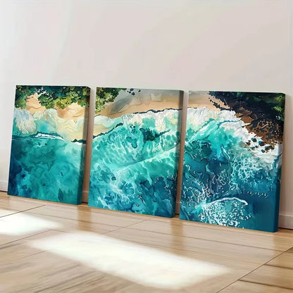 3pcs Tranquil Beach with Turquoise Waters Wall Art Set Canvas Framed 60x90cm - High Quality Print 100% Australian Made Wall Canvas Ready to Hang