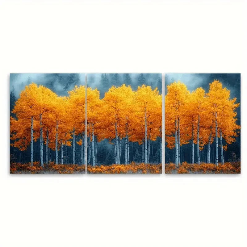 3pcs Vibrant Aspen Tree Golden Yellow Leaves Wall Art Set Canvas Framed 40x60cm - High Quality Print 100% Australian Made Wall Canvas Ready to Hang