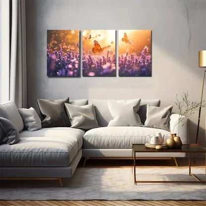 3pcs Lavender with Flying Butterflies Perfect Wall Art Set Canvas Framed 40x60cm - High Quality Print 100% Australian Made Wall Canvas Ready to Hang