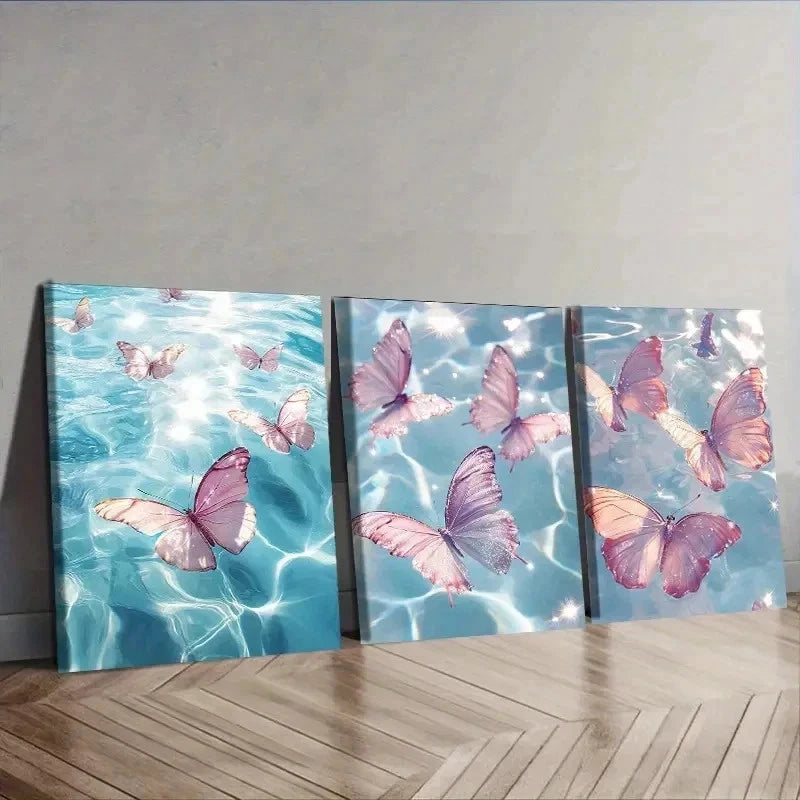 3pcs Featuring Multiple Pink Butterflies Wall Art Set Canvas Framed 40x60cm - High Quality Print 100% Australian Made Wall Canvas Ready to Hang