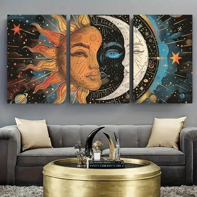 3pcs Sun and Moon Motifs Space Abstract Perfect Wall Art Set Canvas Framed 40x60cm - High Quality Print 100% Australian Made Wall Canvas Ready to Hang