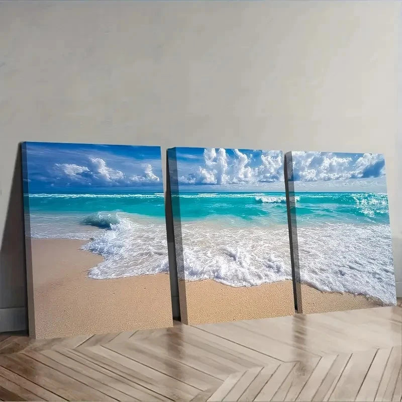 3pcs Turquoise Ocean Waves Sandy Shore Wall Art Set Canvas Framed 40x60cm - High Quality Print 100% Australian Made Wall Canvas Ready to Hang