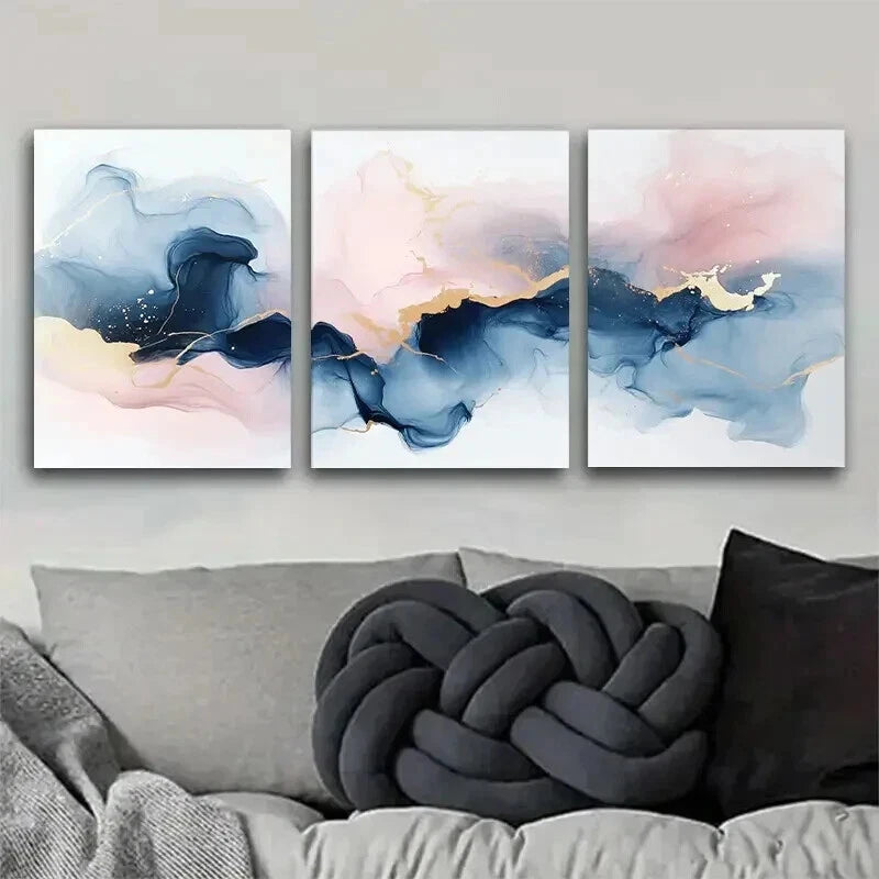 3pcs Abstract Ink Paintings In Shades Of Blue Wall Art Set Canvas Framed 40x60cm - High Quality Print 100% Australian Made Wall Canvas Ready to Hang