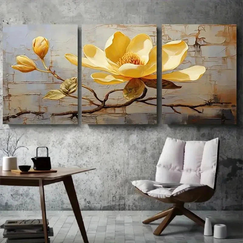 3pcs Elegant Yellow Flower Branch Metal Print Ready to Hang Art