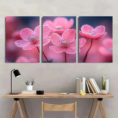 3pcs Elegant Pink Flowers On Dark Perfect Wall Art Set Canvas Framed 40x60cm - High Quality Print 100% Australian Made Wall Canvas Ready to Hang
