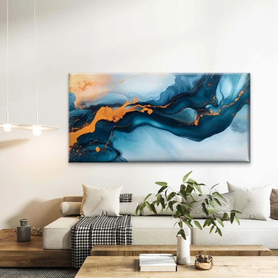 Blue, Orange & White Swirl Wall Art Canvas Office Home Room Framed 120x60cm