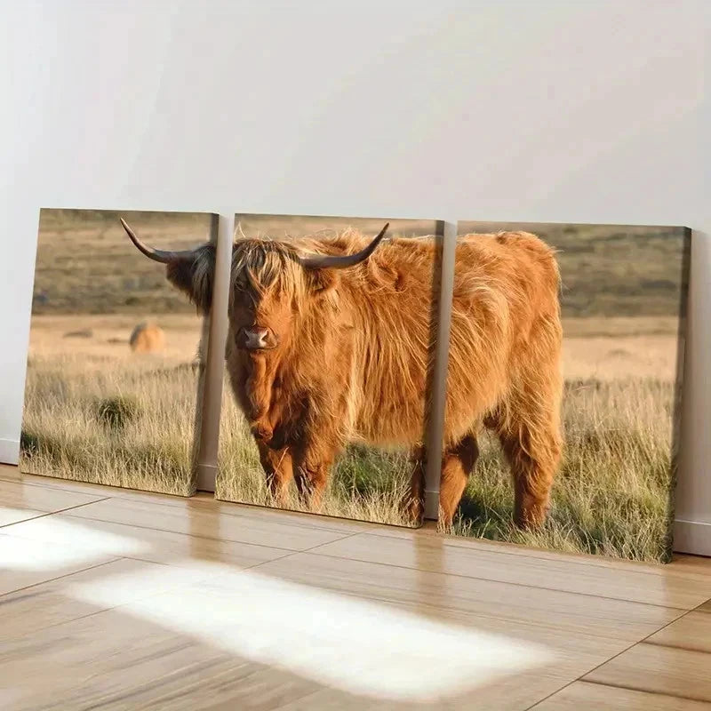 3pcs Cow in a Grassland Modern Painting Wall Art Set Canvas Framed 40x60cm - High Quality Print 100% Australian Made Wall Canvas Ready to Hang
