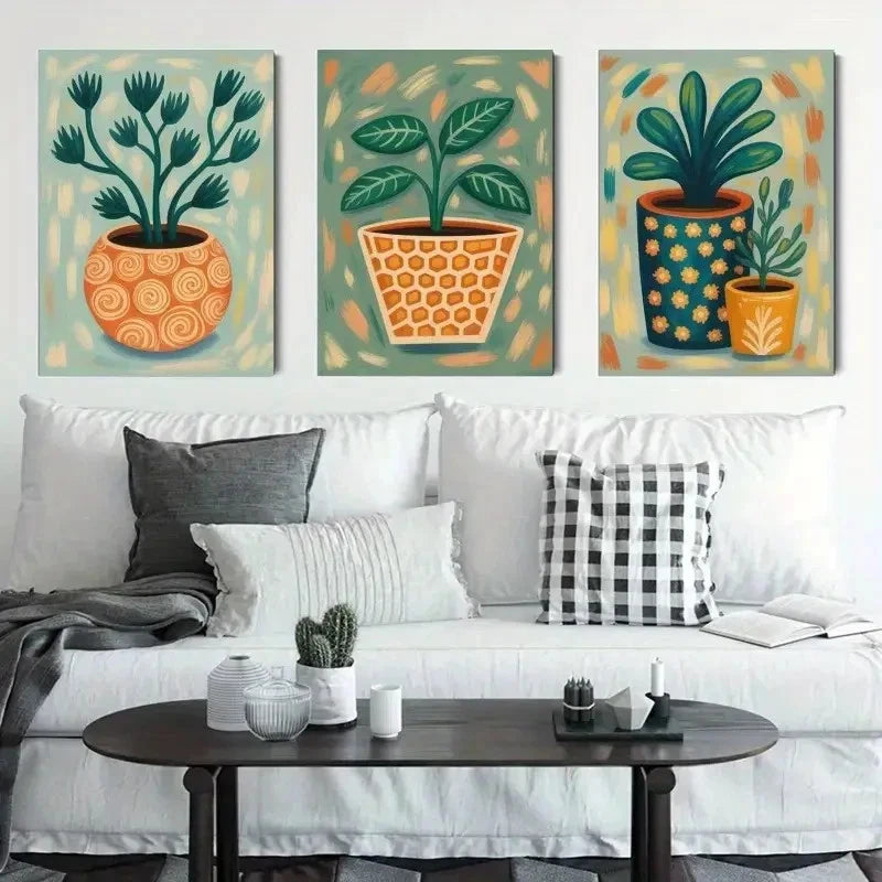 3pcs Botanical Green Leaves & Potted Plants Metal Print Ready to Hang Art