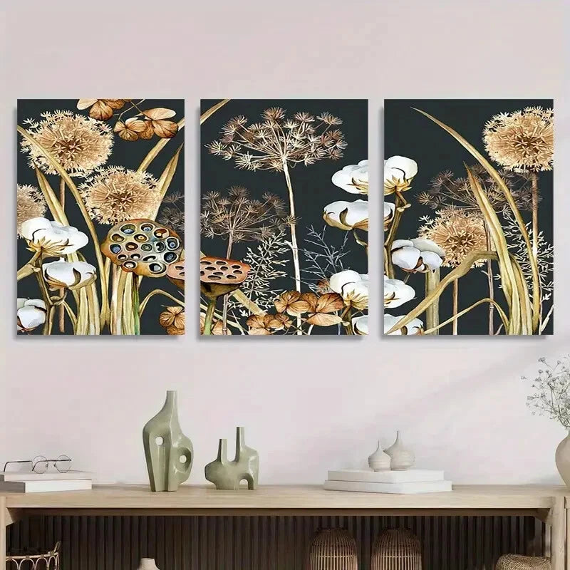 3pcs Abstract Floral Lotus Golden Flower Metal Print Ready to Hang Art