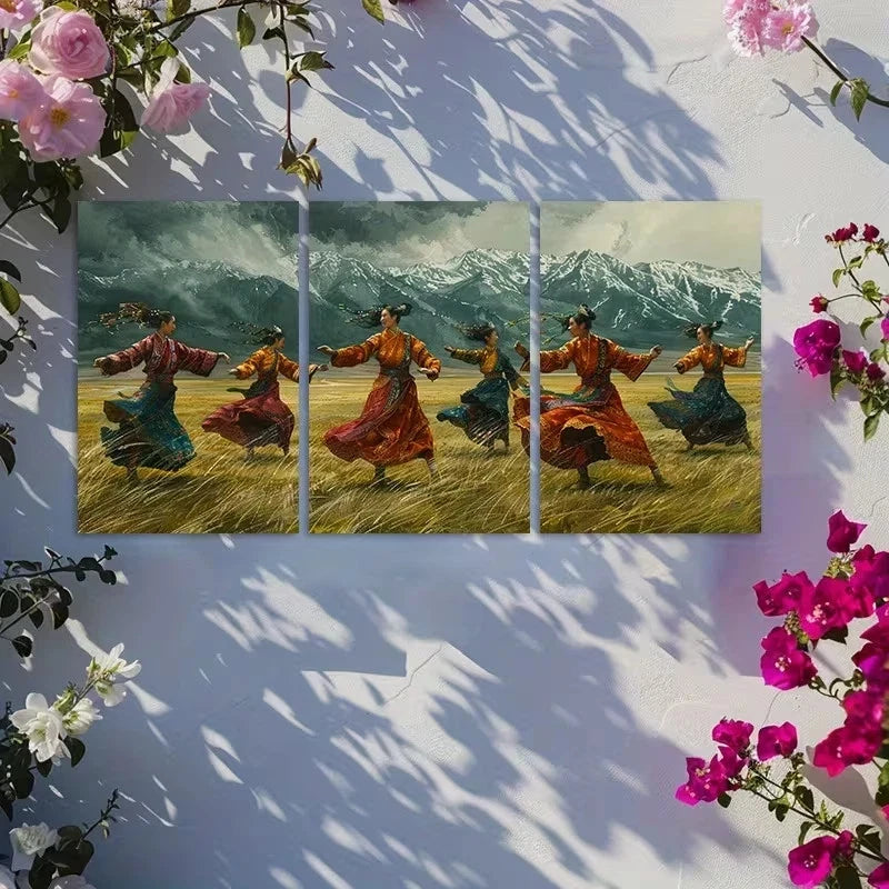 3pcs Traditional Dancers Ethnic Costume Scene Metal Print Ready to Hang Art