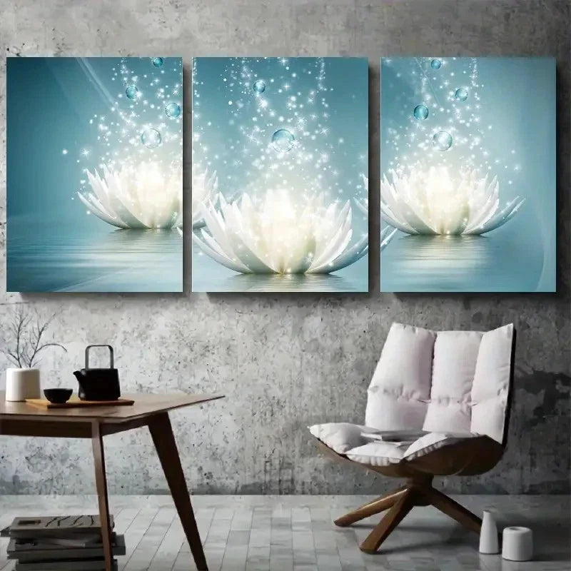 3pcs Modern Zen Water Lily Floral Sparkle Metal Print Ready to Hang Art