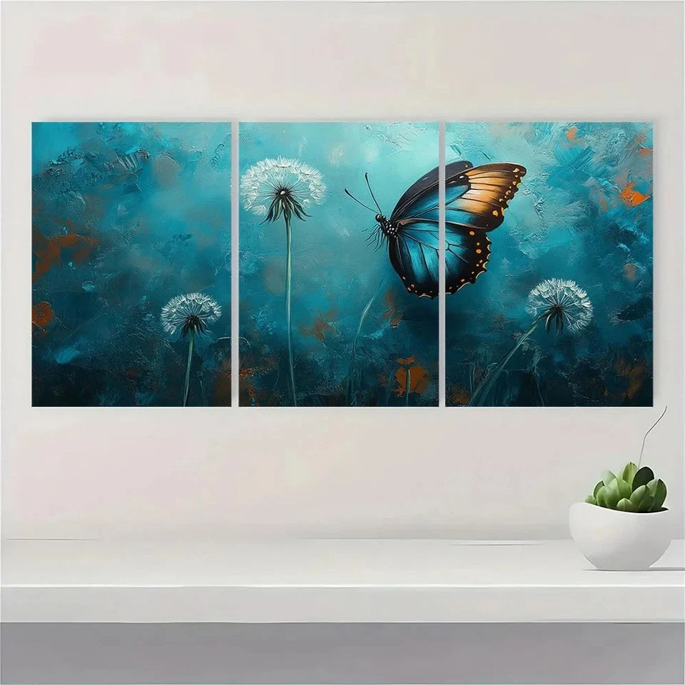 3pcs Gray Dandelion with Butterfly Modern Abstract Metal Print Ready to Hang Art