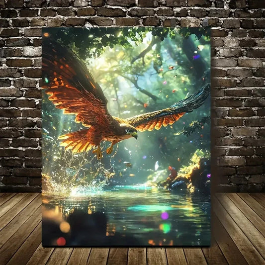 Cartoon Style Hawk Splashing In Magical Painting 40x60cm Metal Print Ready to Hang