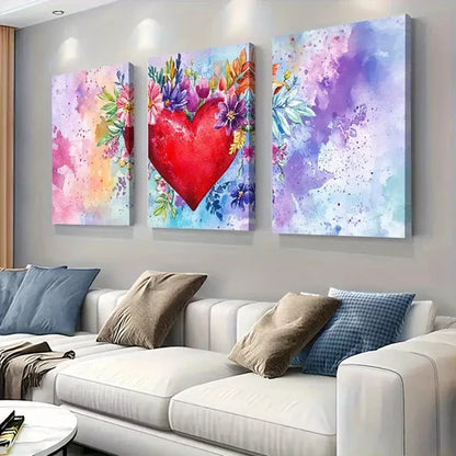 3pcs Vibrant Abstract Floral Heart Canvas Wall Art Set Canvas Framed 60x90cm - High Quality Print 100% Australian Made Wall Canvas Ready to Hang