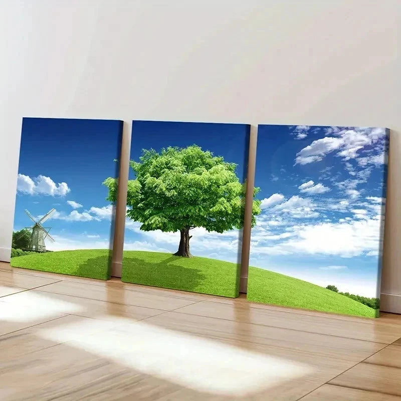 3pcs Blue Sky Grass and Big Trees Modern Wall Art Set Canvas Framed 40x60cm - High Quality Print 100% Australian Made Wall Canvas Ready to Hang