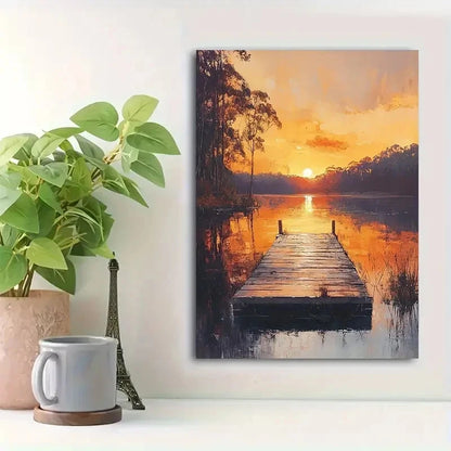 Beautiful Serene Lakeside Sunset Landscape Painting 40x60cm Metal Print Ready to Hang