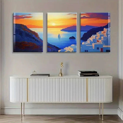 3pcs Vibrant Seascape Santorini Sunset Perfect Wall Art Canvas Unframed - High Quality Print 100% Australian Made Wall Canvas