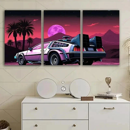 3pcs Retro Futuristic Pink Car Scene Wall Art Set Canvas Framed 60x90cm - High Quality Print 100% Australian Made Wall Canvas Ready to Hang