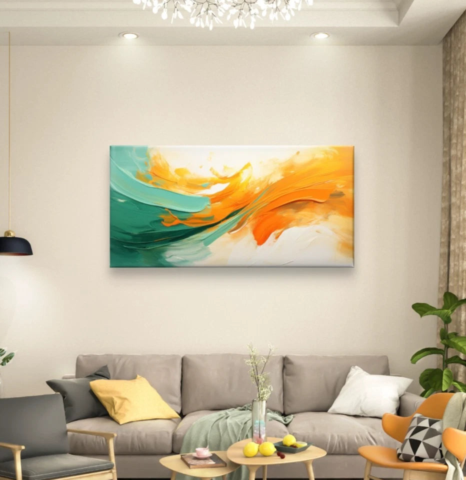 Abstract Teal & Orange Fluid Paint Wall Art Canvas Office Home Framed 120x60cm
