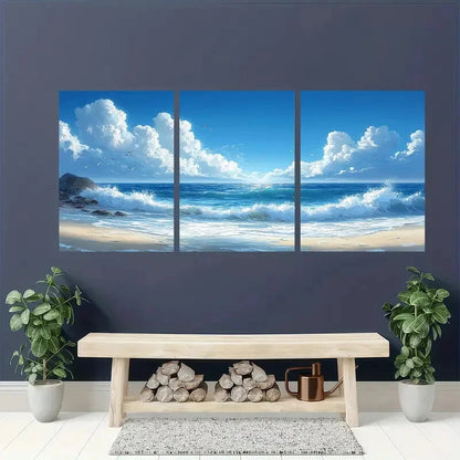 3pcs Vintage Beach Ocean Scene Blue Sky & Waves Metal Print Ready to Hang Art