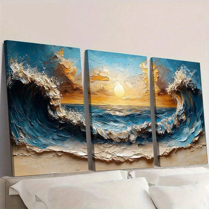 3pcs Beach Wave Oil Painting Abstract Wall Art Set Canvas Framed 50x70cm - High Quality Print 100% Australian Made Wall Canvas Ready to Hang