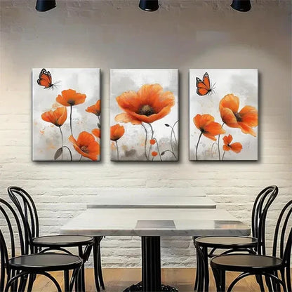3pcs Vibrant Orange Poppy and Butterfly Perfect Wall Art Canvas Unframed - High Quality Print 100% Australian Made Wall Canvas